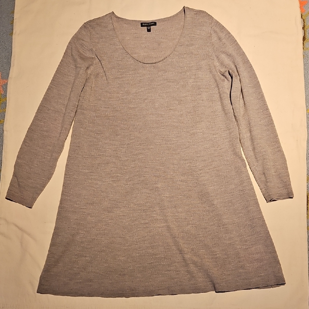 Eileen Fisher Heather Gray Long Sleeve Tunic Top In 100% Merino Wool